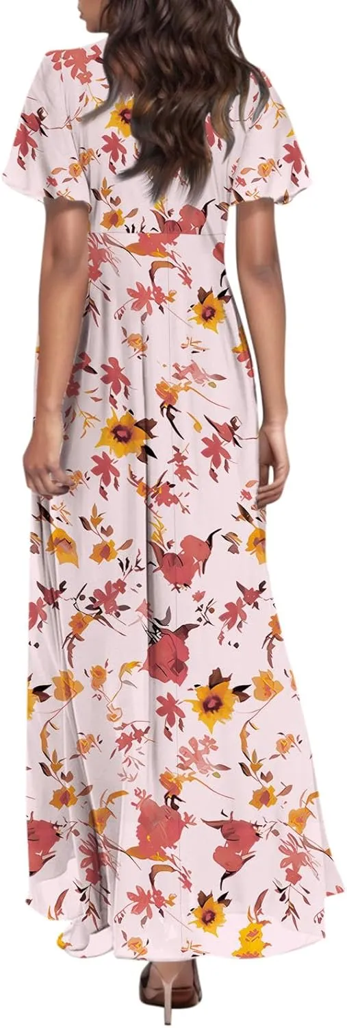 Women Summer Dresses High Waist Maxi Dress Chiffon Ruffle Sleeve Bohemian Dresses Vneck Tea Party Dress