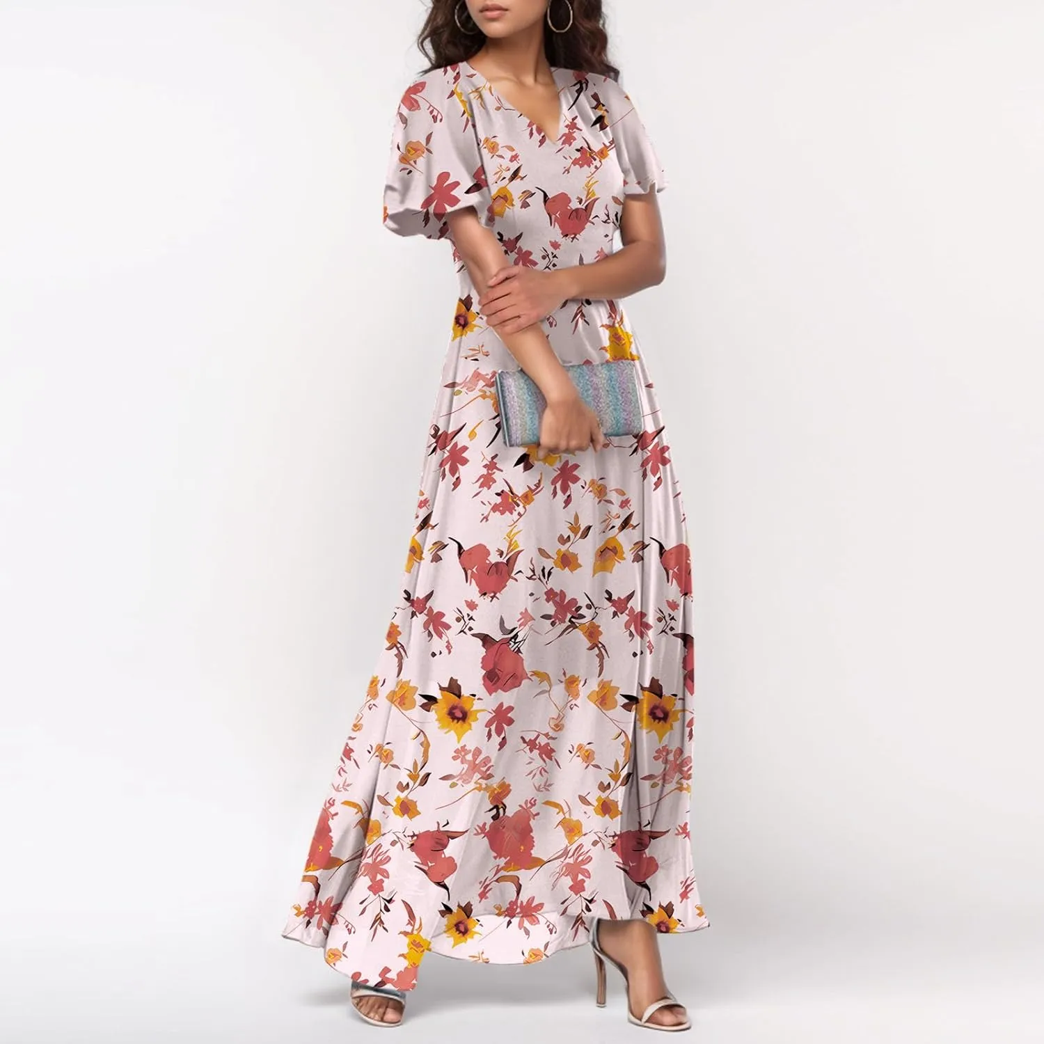 Women Summer Dresses High Waist Maxi Dress Chiffon Ruffle Sleeve Bohemian Dresses Vneck Tea Party Dress