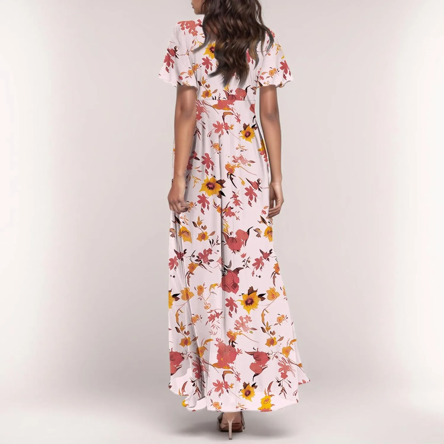 Women Summer Dresses High Waist Maxi Dress Chiffon Ruffle Sleeve Bohemian Dresses Vneck Tea Party Dress