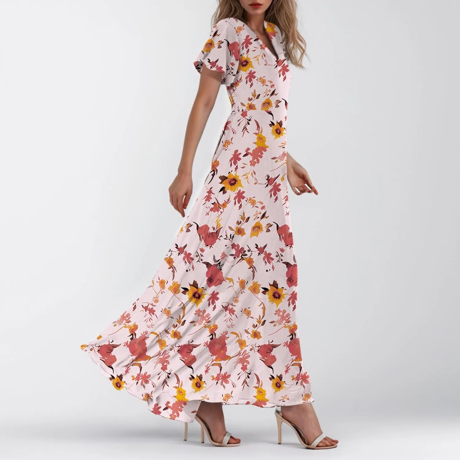 Women Summer Dresses High Waist Maxi Dress Chiffon Ruffle Sleeve Bohemian Dresses Vneck Tea Party Dress