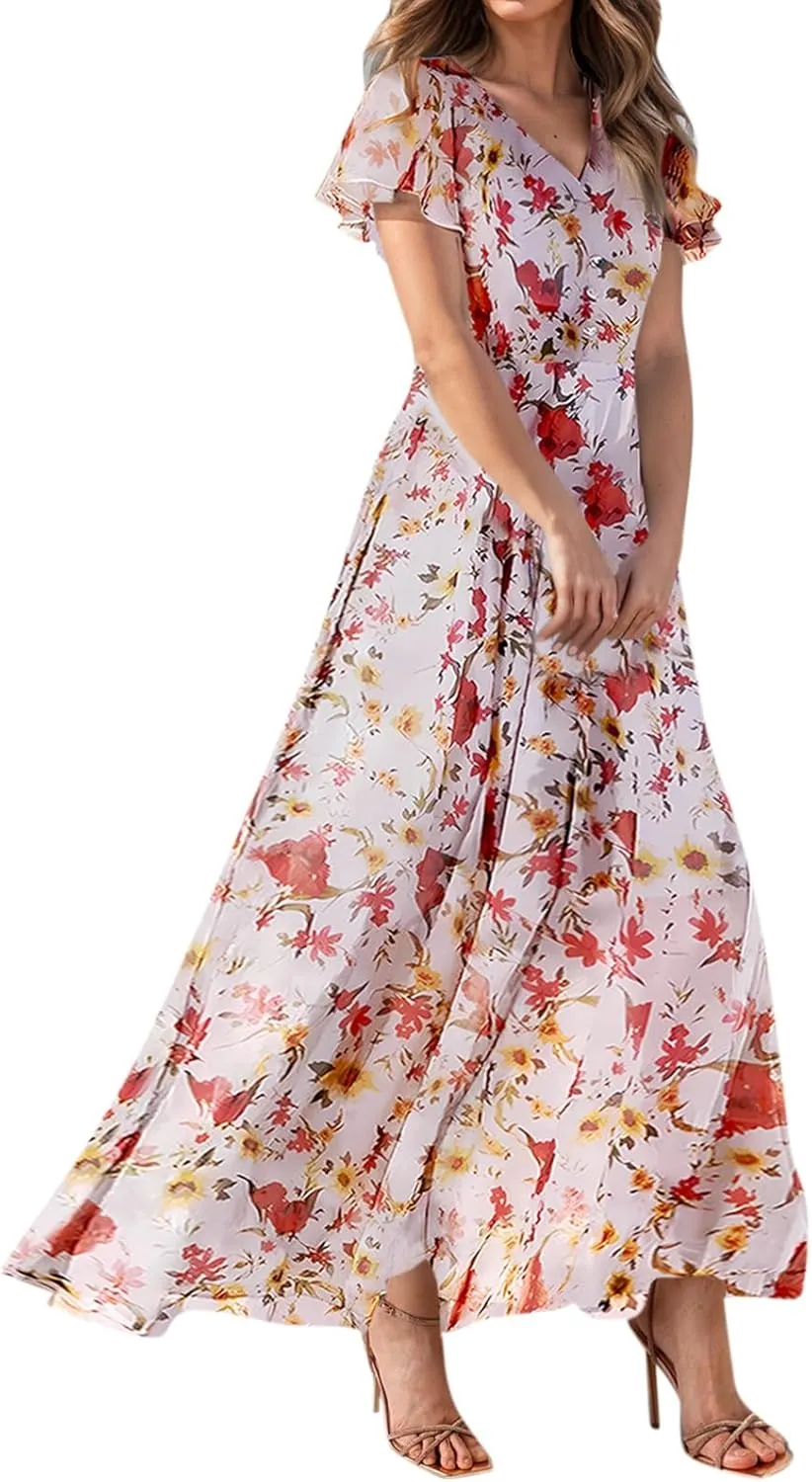 Women Summer Dresses High Waist Maxi Dress Chiffon Ruffle Sleeve Bohemian Dresses Vneck Tea Party Dress