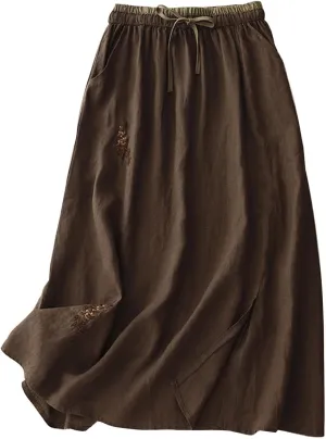 Women Summer Loose Cotton Linen Skirt Retro Flowers Embroidered Cotton Linen Elastic Waist Slit Skirts with Pockets