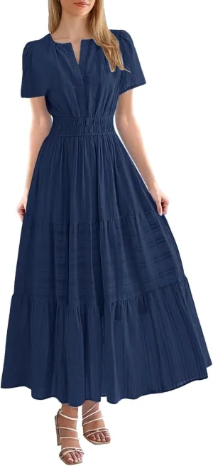 Women Summer Maxi Dresses 2025 Short Sleeve V Neck Casual Midi Dress Elastic Waist Swing A Line Boho Beach Sundress