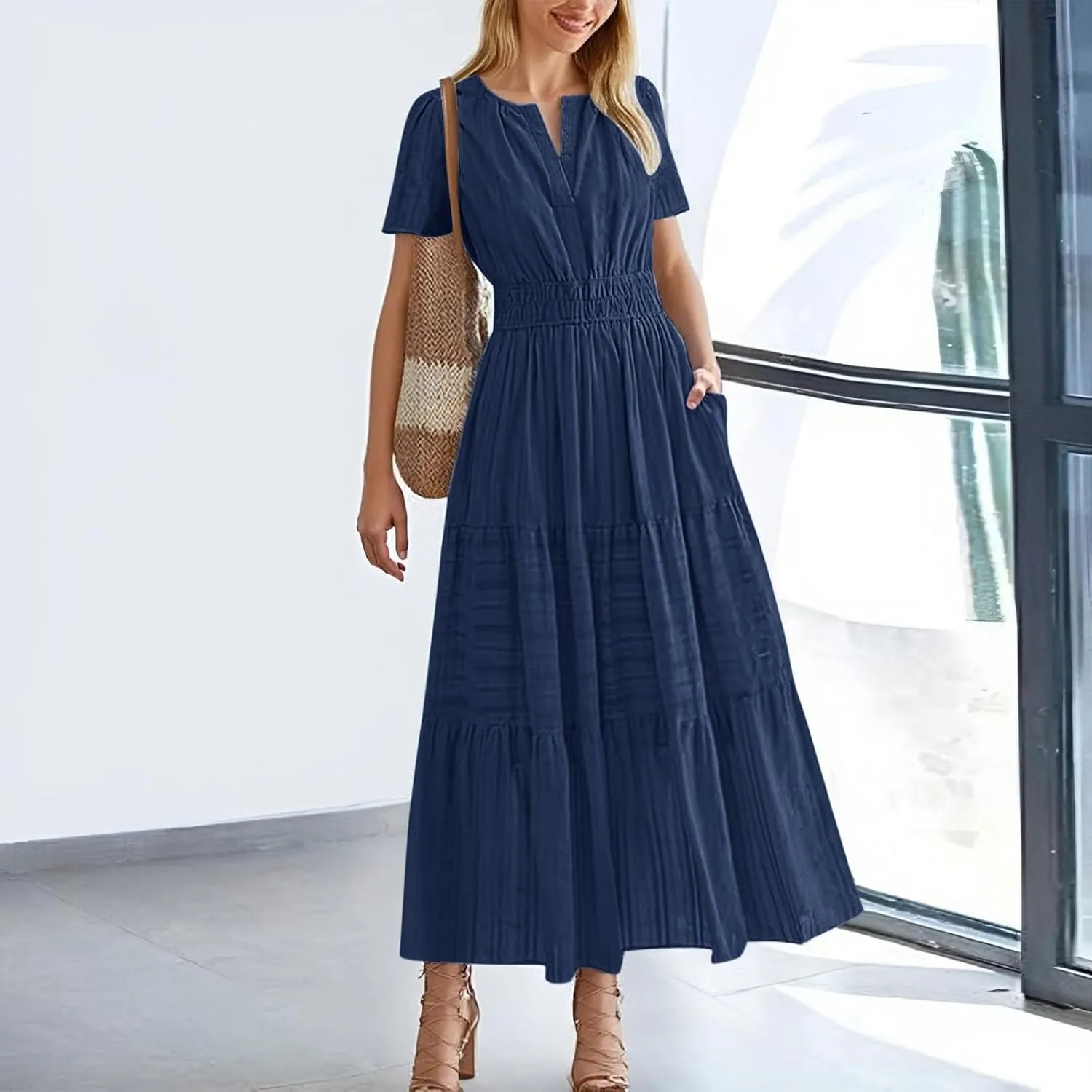 Women Summer Maxi Dresses 2025 Short Sleeve V Neck Casual Midi Dress Elastic Waist Swing A Line Boho Beach Sundress