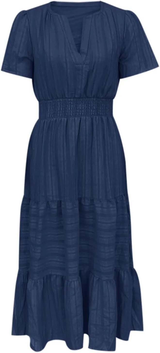 Women Summer Maxi Dresses 2025 Short Sleeve V Neck Casual Midi Dress Elastic Waist Swing A Line Boho Beach Sundress