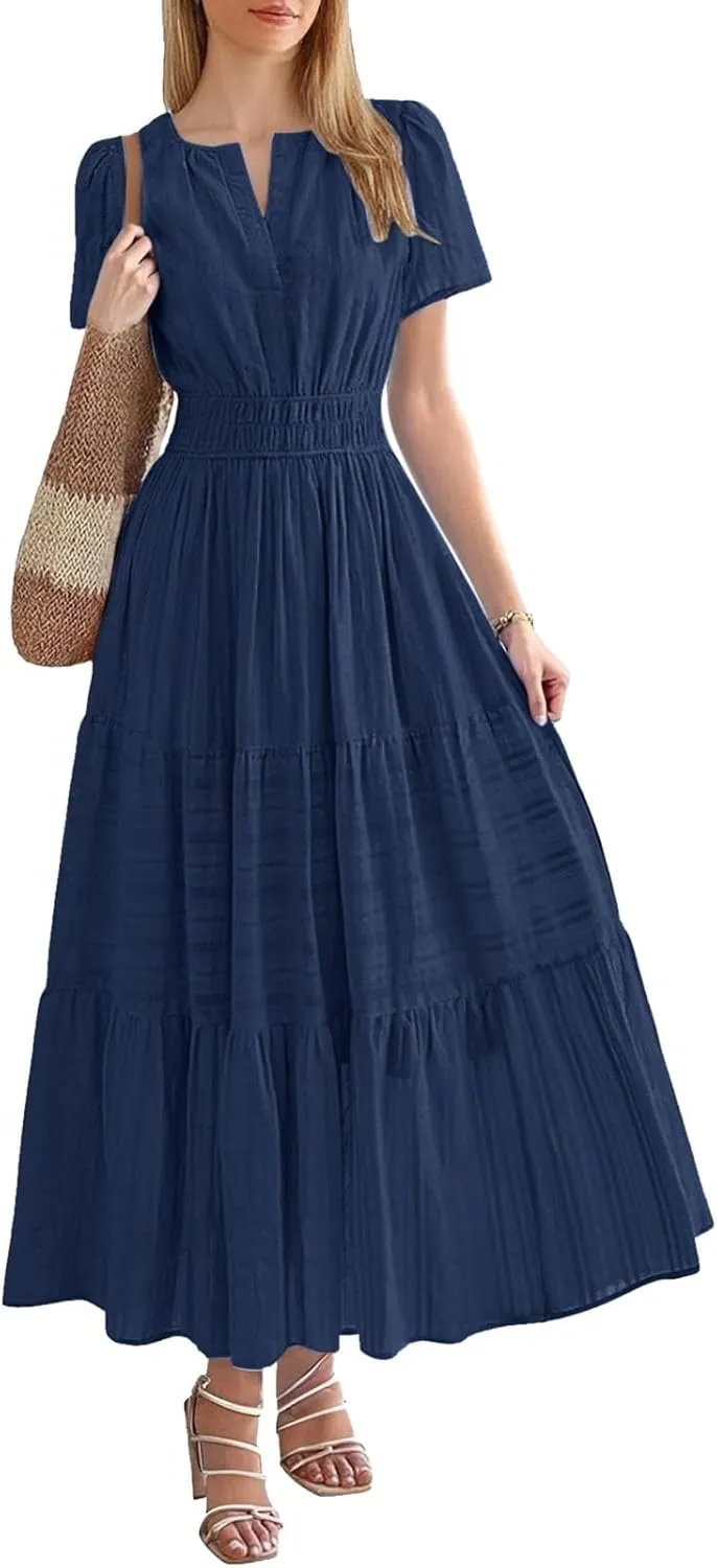 Women Summer Maxi Dresses 2025 Short Sleeve V Neck Casual Midi Dress Elastic Waist Swing A Line Boho Beach Sundress