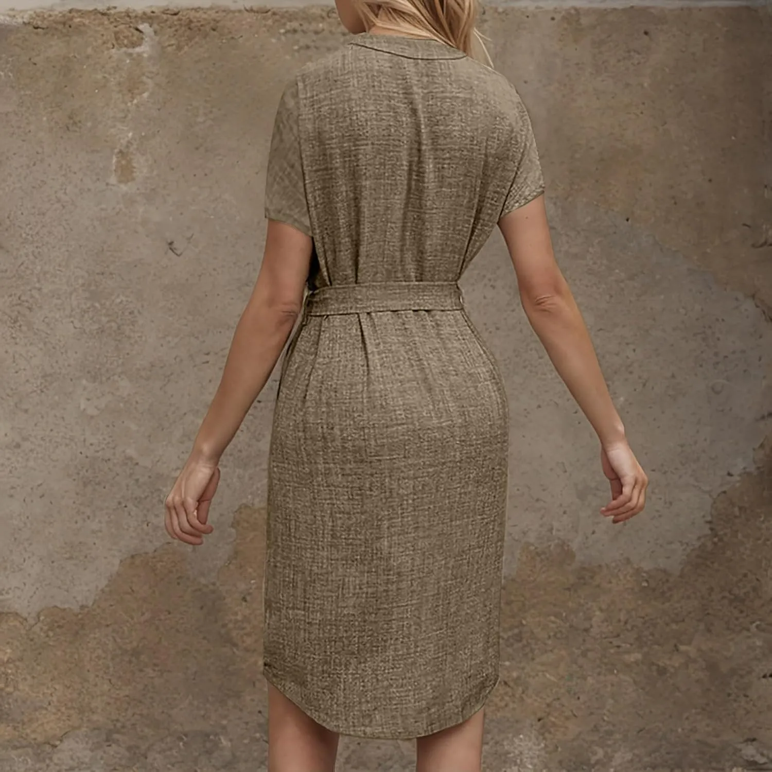 Women Summer Midi Shirt Dress Lapel Short Sleeve Tie Waist Dress Wrinkle-Free Slim Work Vacation Party Shift Dresses