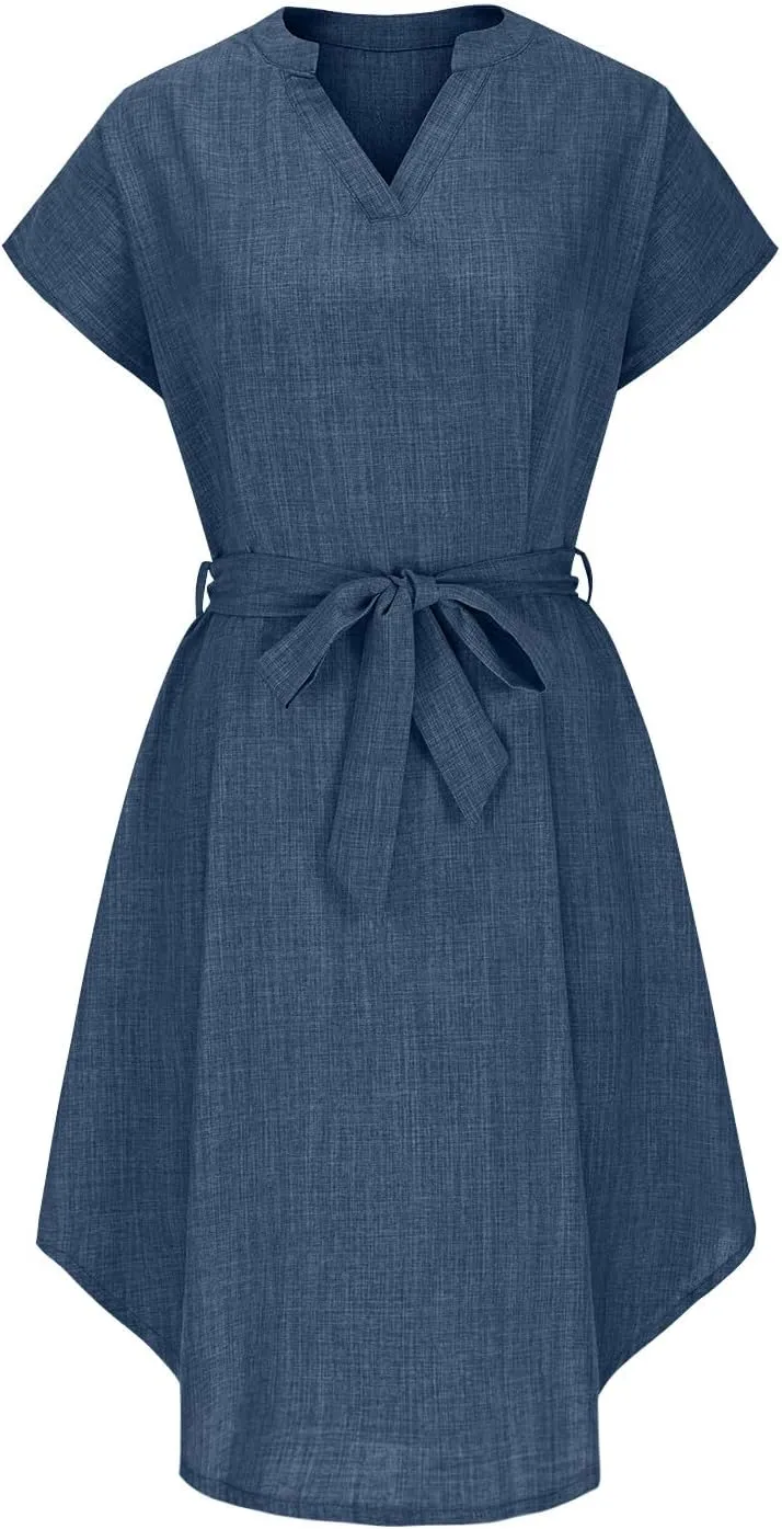 Women Summer Midi Shirt Dress Lapel Short Sleeve Tie Waist Dress Wrinkle-Free Slim Work Vacation Party Shift Dresses