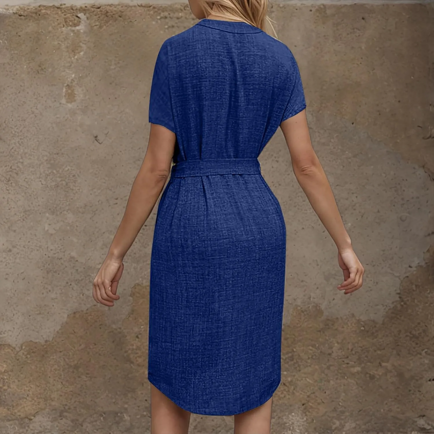 Women Summer Midi Shirt Dress Lapel Short Sleeve Tie Waist Dress Wrinkle-Free Slim Work Vacation Party Shift Dresses