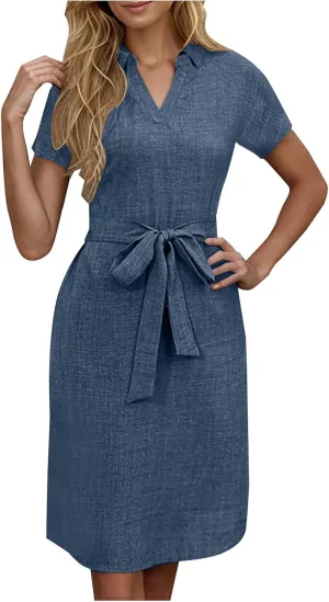 Women Summer Midi Shirt Dress Lapel Short Sleeve Tie Waist Dress Wrinkle-Free Slim Work Vacation Party Shift Dresses