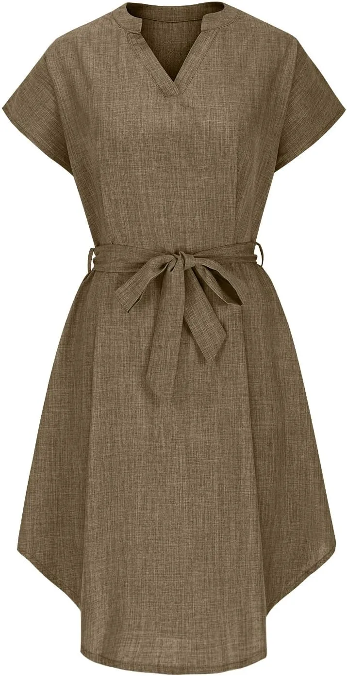 Women Summer Midi Shirt Dress Lapel Short Sleeve Tie Waist Dress Wrinkle-Free Slim Work Vacation Party Shift Dresses