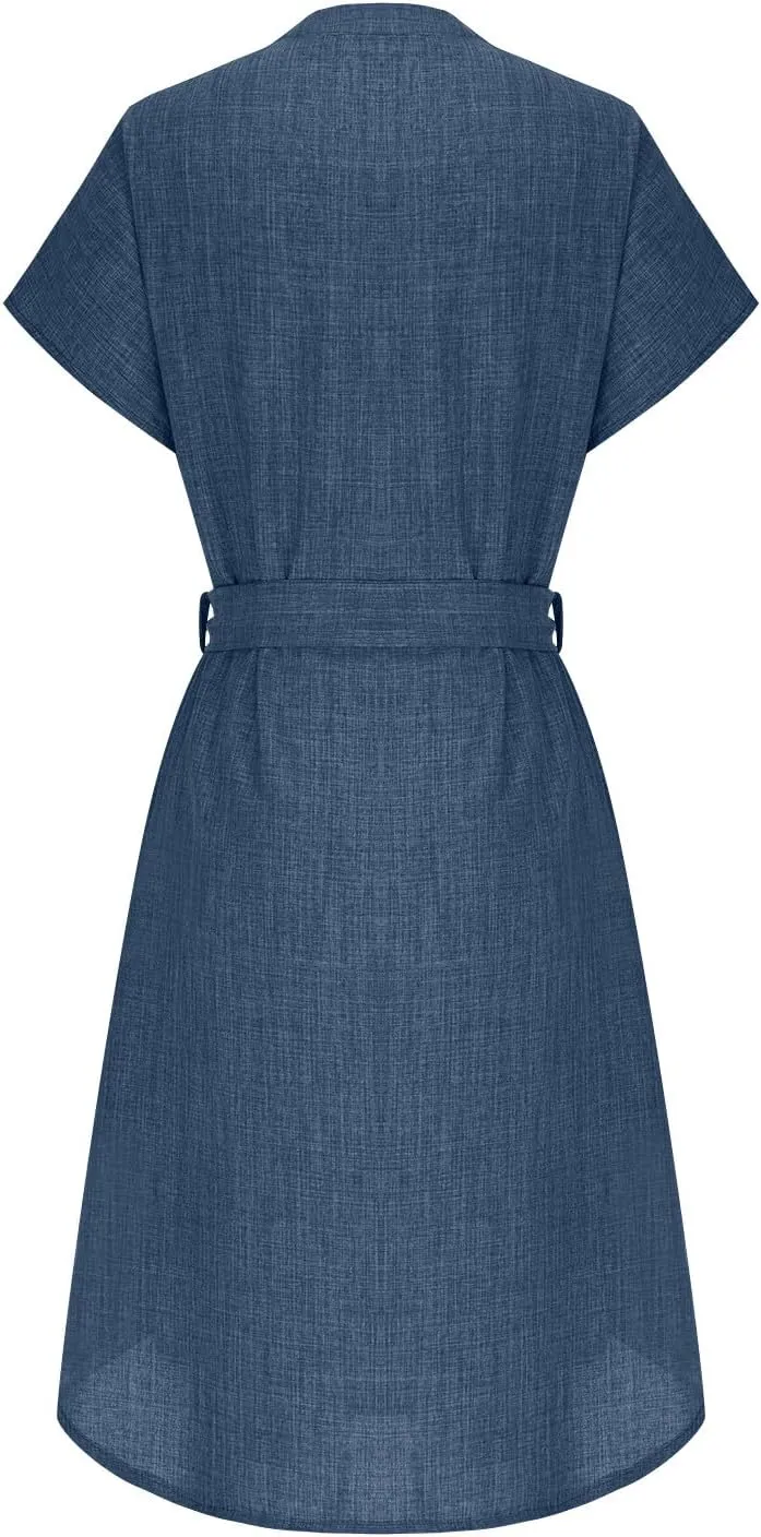 Women Summer Midi Shirt Dress Lapel Short Sleeve Tie Waist Dress Wrinkle-Free Slim Work Vacation Party Shift Dresses