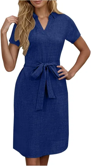 Women Summer Midi Shirt Dress Lapel Short Sleeve Tie Waist Dress Wrinkle-Free Slim Work Vacation Party Shift Dresses