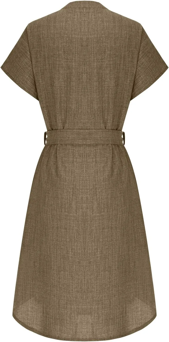 Women Summer Midi Shirt Dress Lapel Short Sleeve Tie Waist Dress Wrinkle-Free Slim Work Vacation Party Shift Dresses