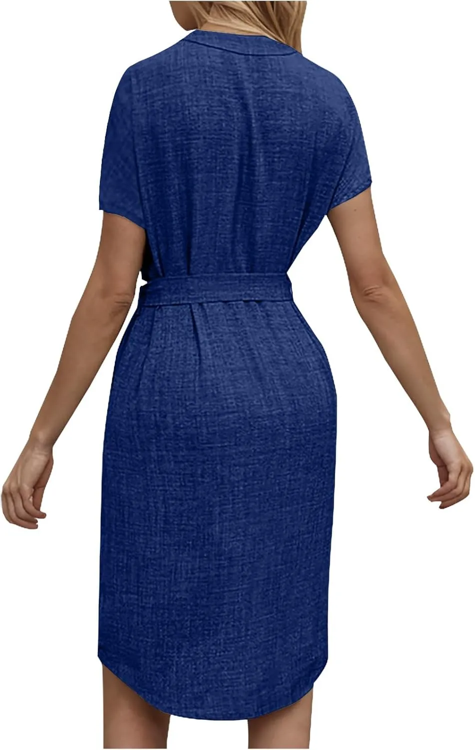 Women Summer Midi Shirt Dress Lapel Short Sleeve Tie Waist Dress Wrinkle-Free Slim Work Vacation Party Shift Dresses