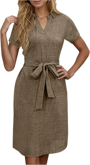 Women Summer Midi Shirt Dress Lapel Short Sleeve Tie Waist Dress Wrinkle-Free Slim Work Vacation Party Shift Dresses