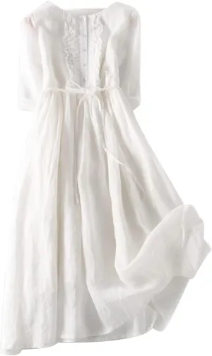 Women Vintage Cotton Linen Maxi Dress Lightweight Casual Crew Neck Lace Up Dresses Solid Color Comfy Travel Outfits