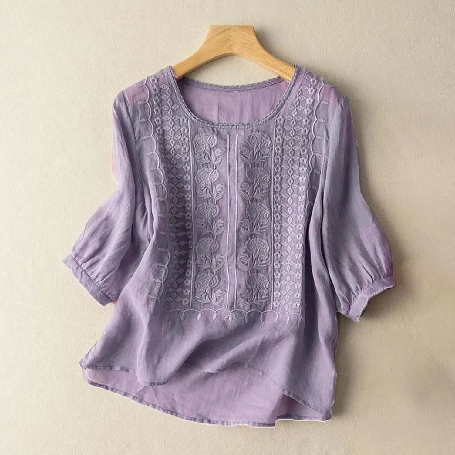 Women's 3/4 Sleeve Linen Shirts Embroidered Boho Tops Loose Fit Beach Blouses Buttons O & V Neck Cruise Outfits