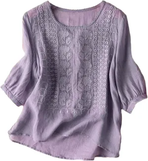 Women's 3/4 Sleeve Linen Shirts Embroidered Boho Tops Loose Fit Beach Blouses Buttons O & V Neck Cruise Outfits