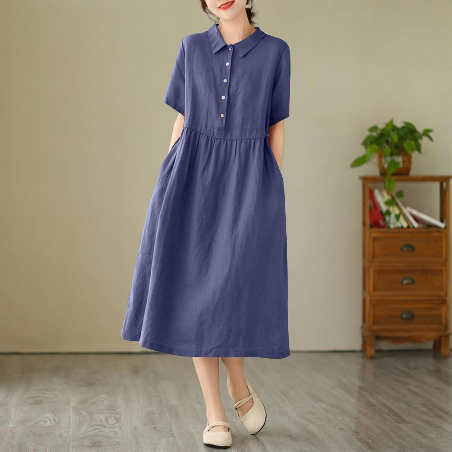 Womens Bohemian Cotton Linen Dress 3/4 Sleeve Button Down Maxi Long Dress Plain Trendy Boho Dresses