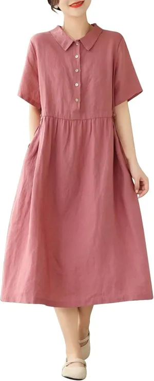 Womens Bohemian Cotton Linen Dress 3/4 Sleeve Button Down Maxi Long Dress Plain Trendy Boho Dresses