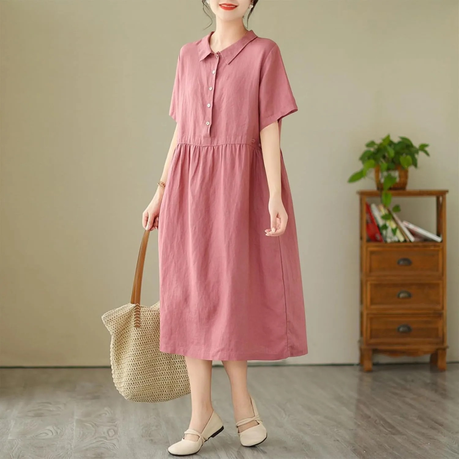 Womens Bohemian Cotton Linen Dress 3/4 Sleeve Button Down Maxi Long Dress Plain Trendy Boho Dresses