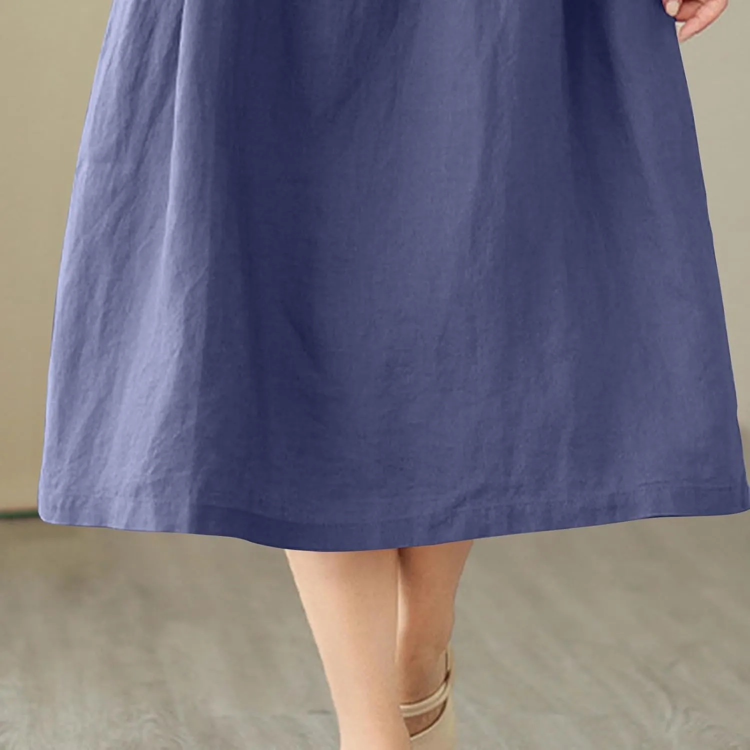 Womens Bohemian Cotton Linen Dress 3/4 Sleeve Button Down Maxi Long Dress Plain Trendy Boho Dresses