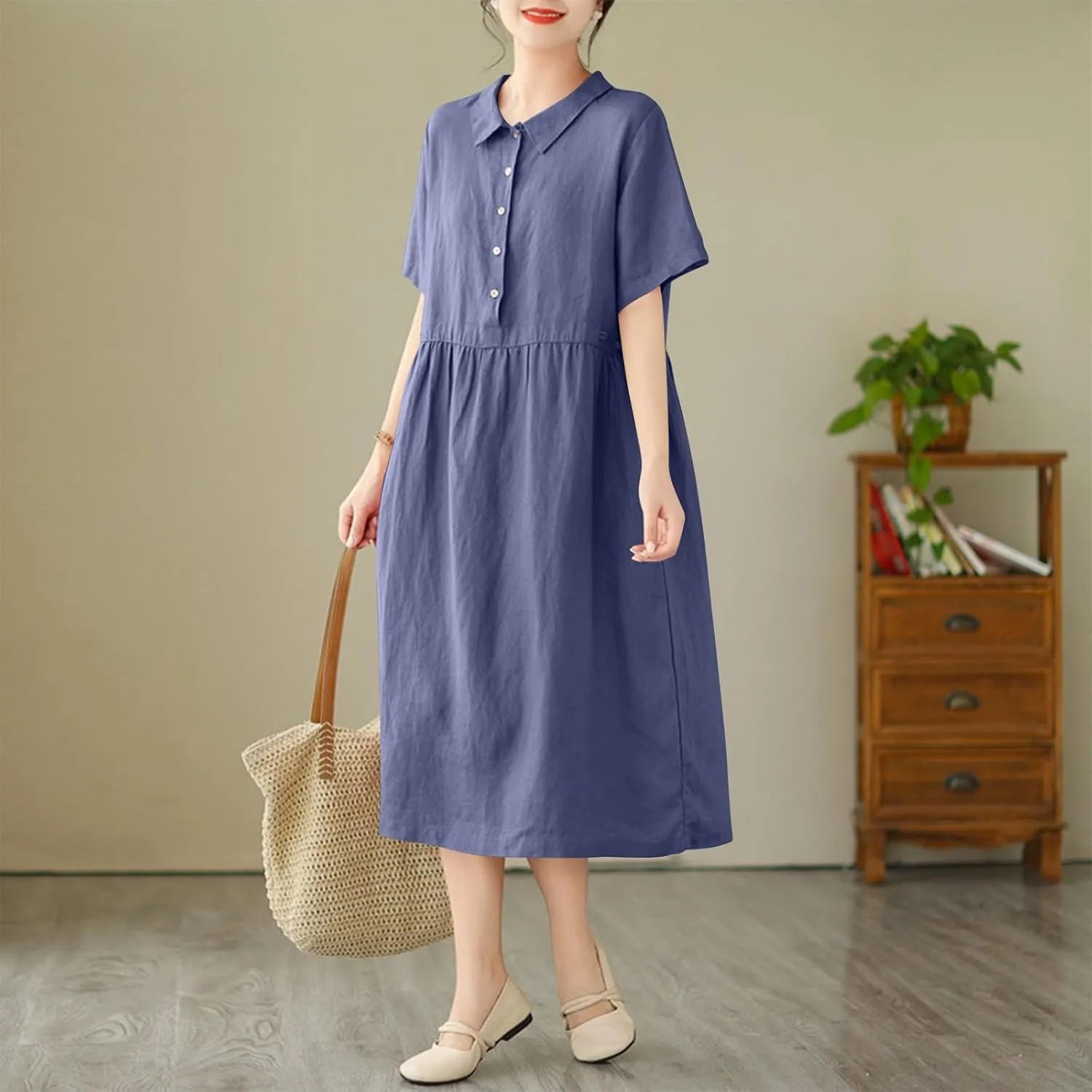 Womens Bohemian Cotton Linen Dress 3/4 Sleeve Button Down Maxi Long Dress Plain Trendy Boho Dresses
