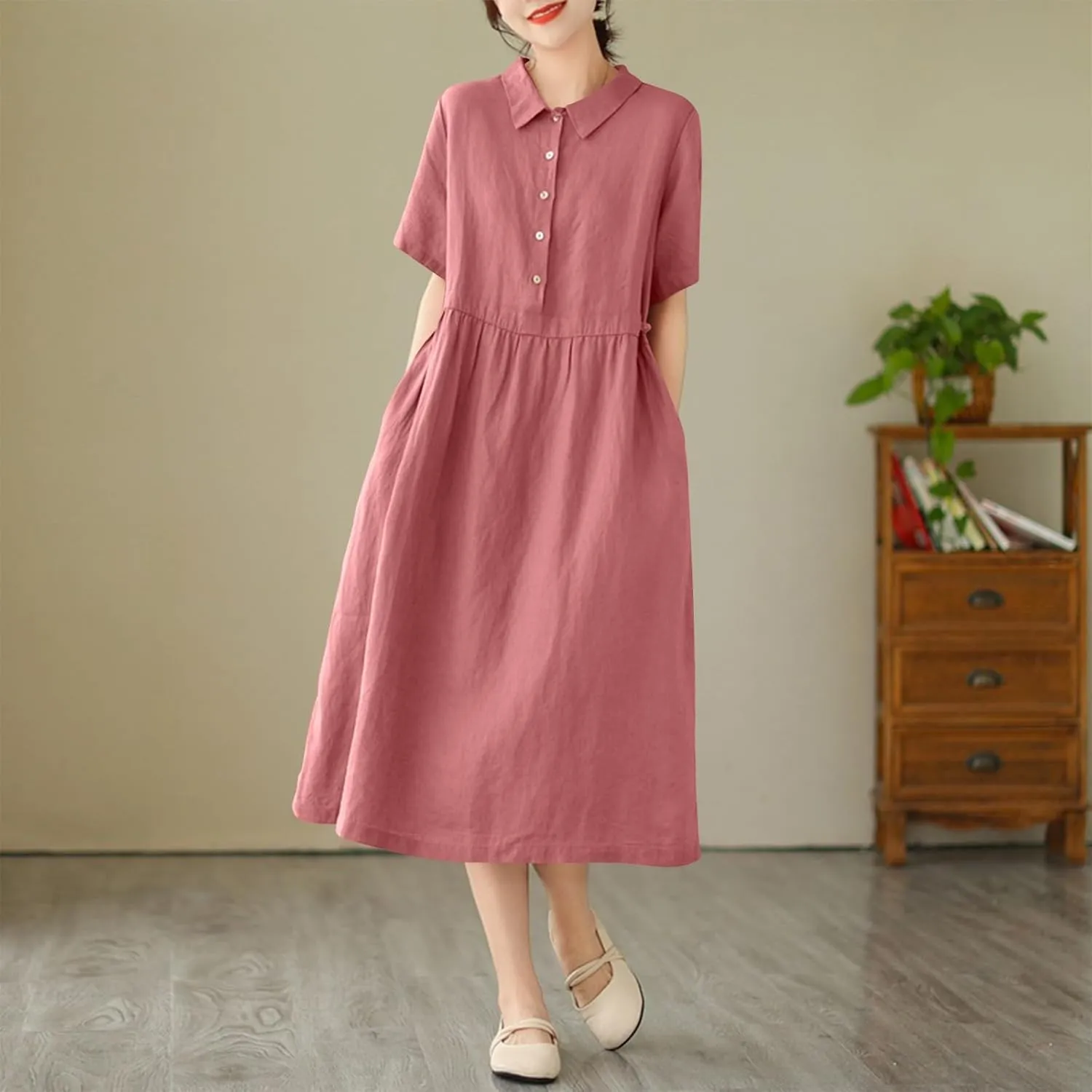 Womens Bohemian Cotton Linen Dress 3/4 Sleeve Button Down Maxi Long Dress Plain Trendy Boho Dresses