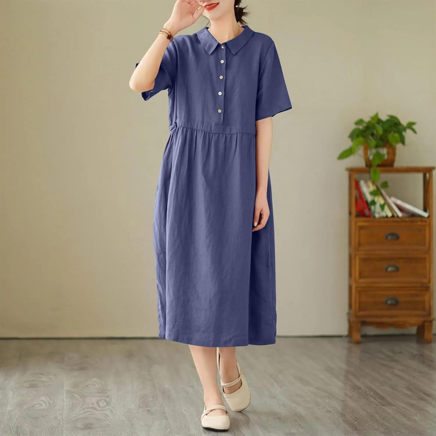 Womens Bohemian Cotton Linen Dress 3/4 Sleeve Button Down Maxi Long Dress Plain Trendy Boho Dresses