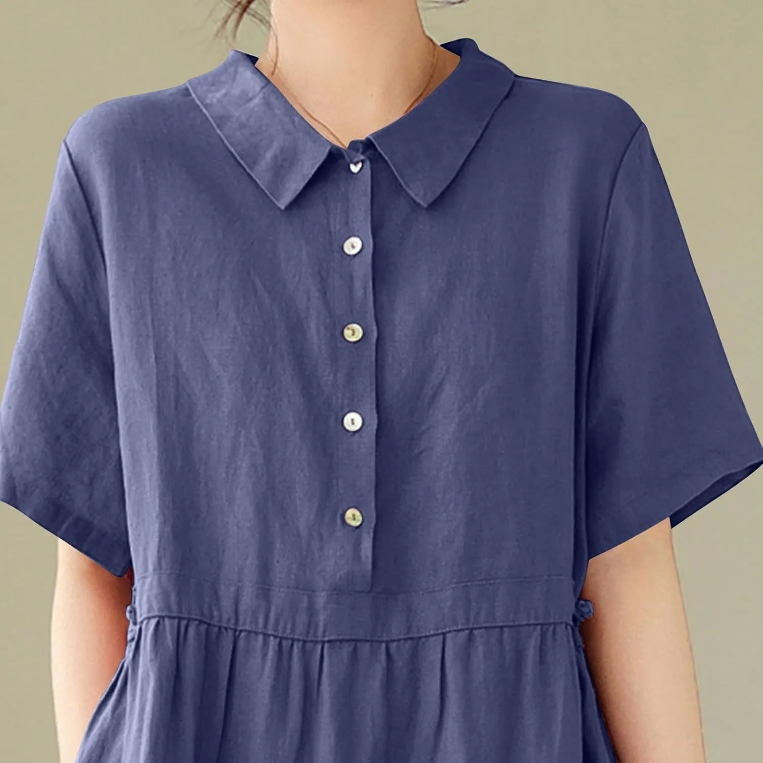 Womens Bohemian Cotton Linen Dress 3/4 Sleeve Button Down Maxi Long Dress Plain Trendy Boho Dresses