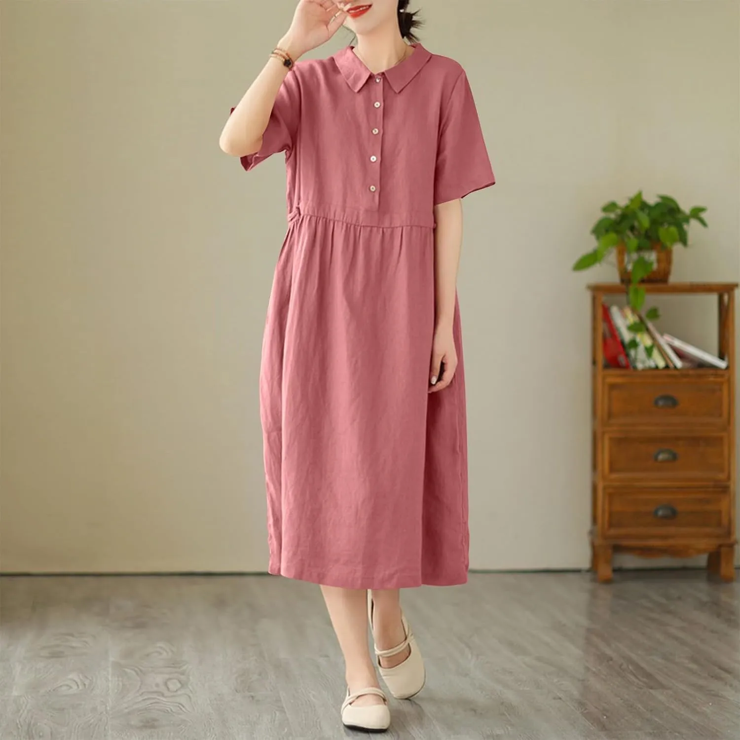 Womens Bohemian Cotton Linen Dress 3/4 Sleeve Button Down Maxi Long Dress Plain Trendy Boho Dresses