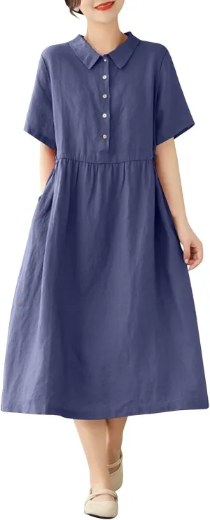 Womens Bohemian Cotton Linen Dress 3/4 Sleeve Button Down Maxi Long Dress Plain Trendy Boho Dresses