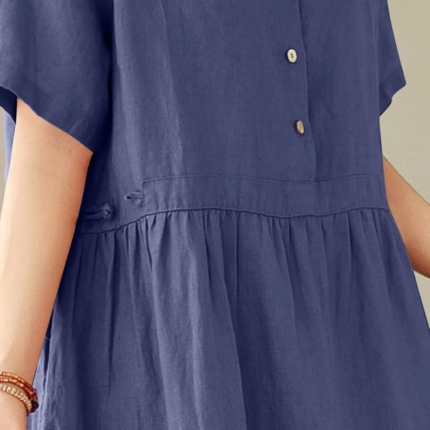 Womens Bohemian Cotton Linen Dress 3/4 Sleeve Button Down Maxi Long Dress Plain Trendy Boho Dresses