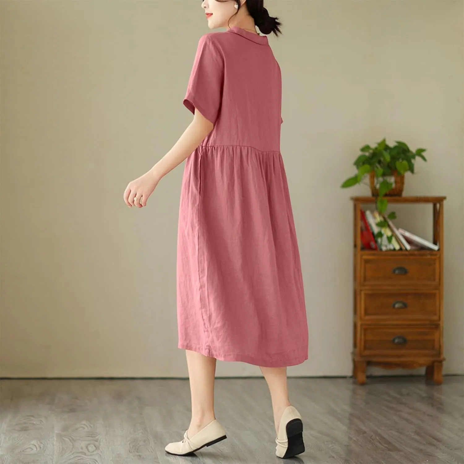 Womens Bohemian Cotton Linen Dress 3/4 Sleeve Button Down Maxi Long Dress Plain Trendy Boho Dresses