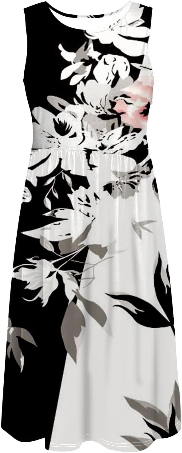 Womens Boho Dresses Women's Summer Tank Midi Dress with Pockets Sleeveless A Line Dress Casual Floral T Shirt