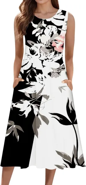 Womens Boho Dresses Women's Summer Tank Midi Dress with Pockets Sleeveless A Line Dress Casual Floral T Shirt