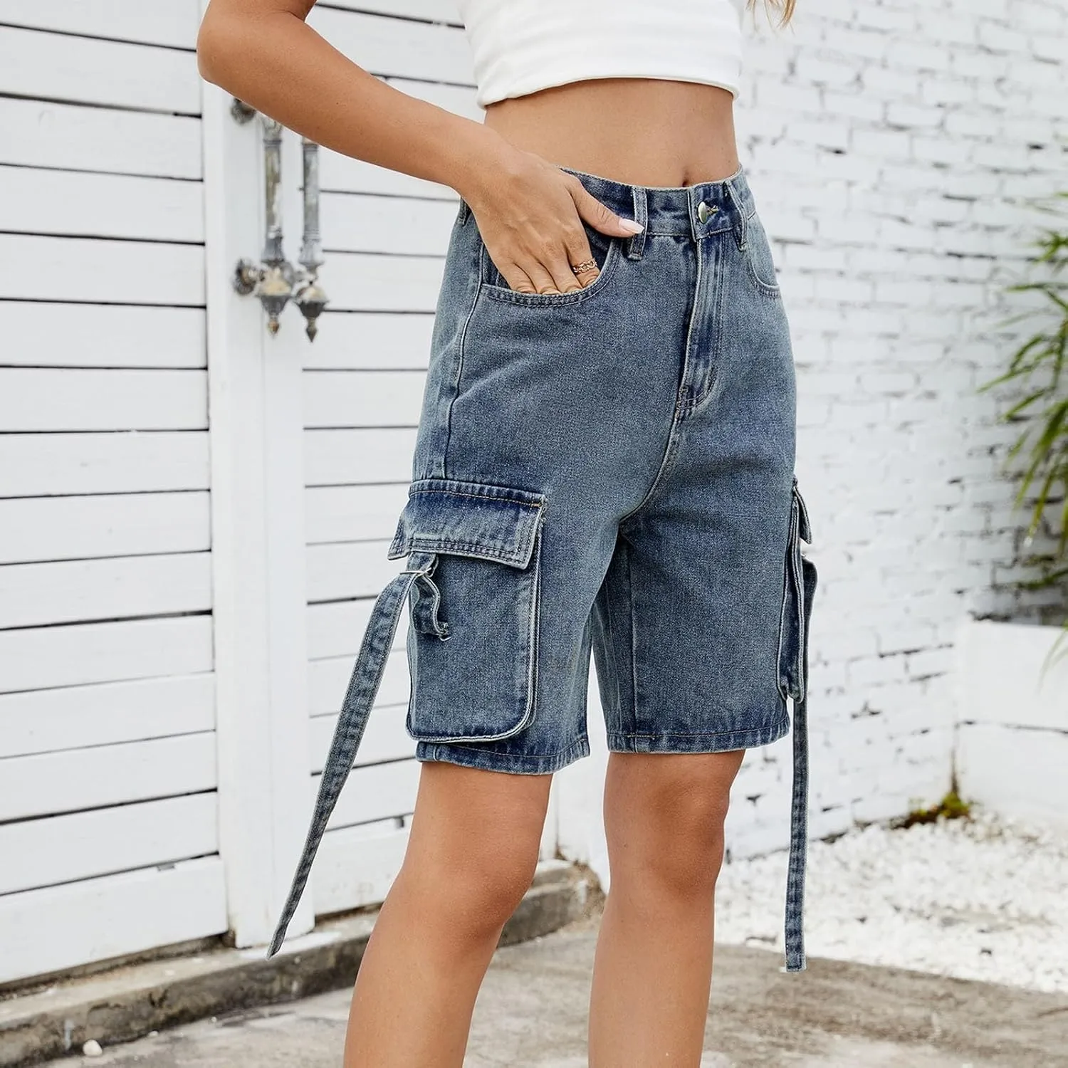 Womens Cargo Shorts 2025 Trendy High Waisted Denim Bermuda Shorts Knee Length Baggy Y2K Casual Summer Jean Short