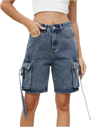 Womens Cargo Shorts 2025 Trendy High Waisted Denim Bermuda Shorts Knee Length Baggy Y2K Casual Summer Jean Short