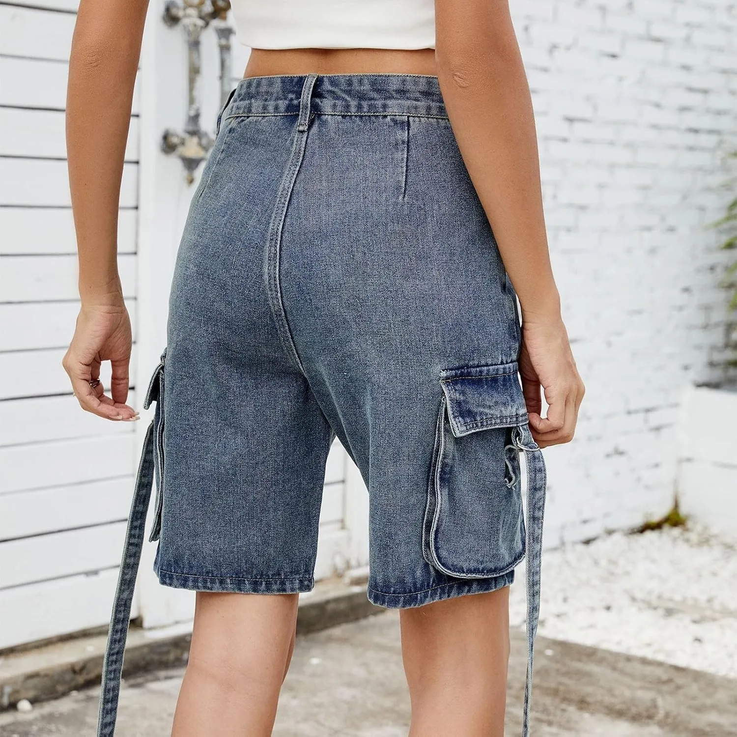 Womens Cargo Shorts 2025 Trendy High Waisted Denim Bermuda Shorts Knee Length Baggy Y2K Casual Summer Jean Short