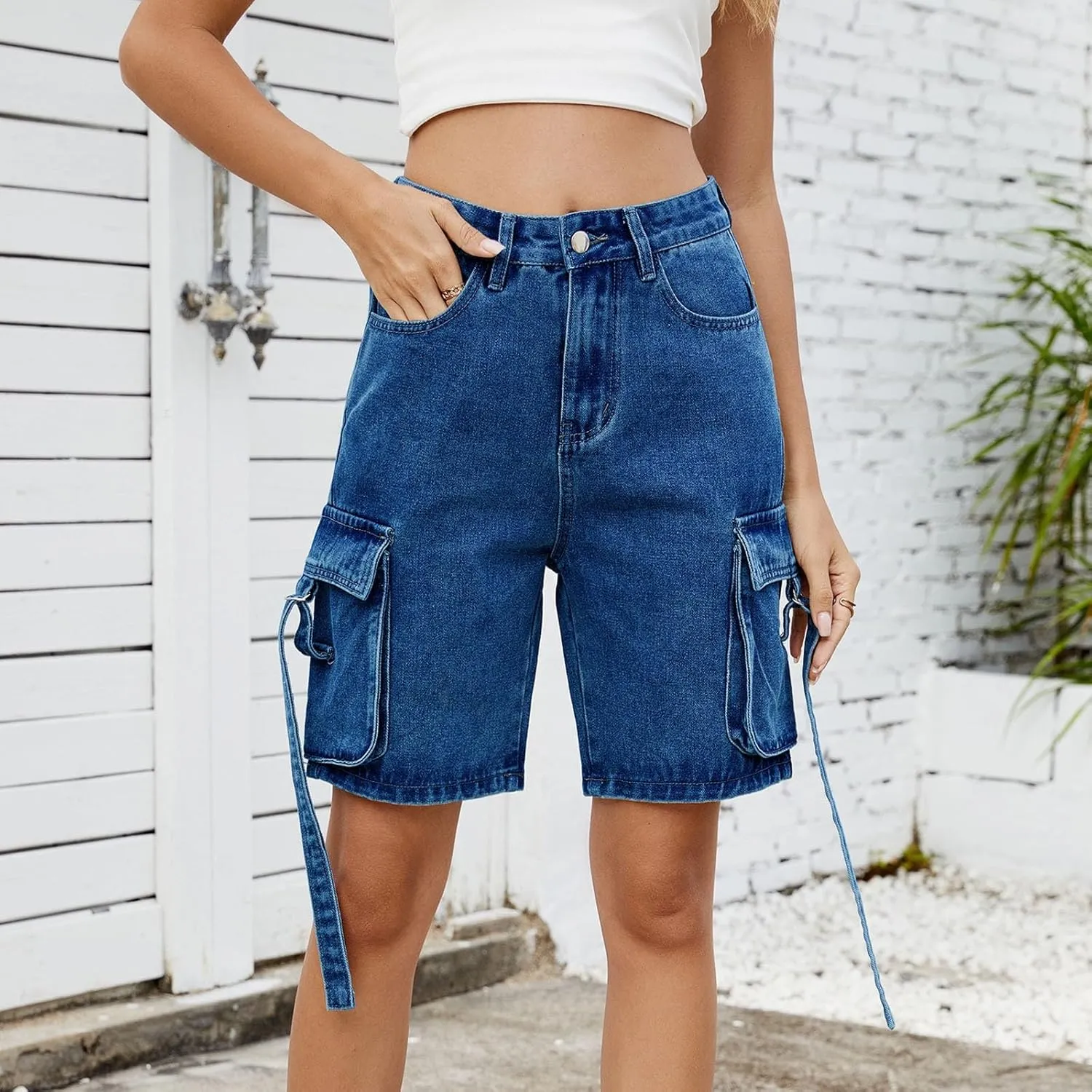 Womens Cargo Shorts 2025 Trendy High Waisted Denim Bermuda Shorts Knee Length Baggy Y2K Casual Summer Jean Short