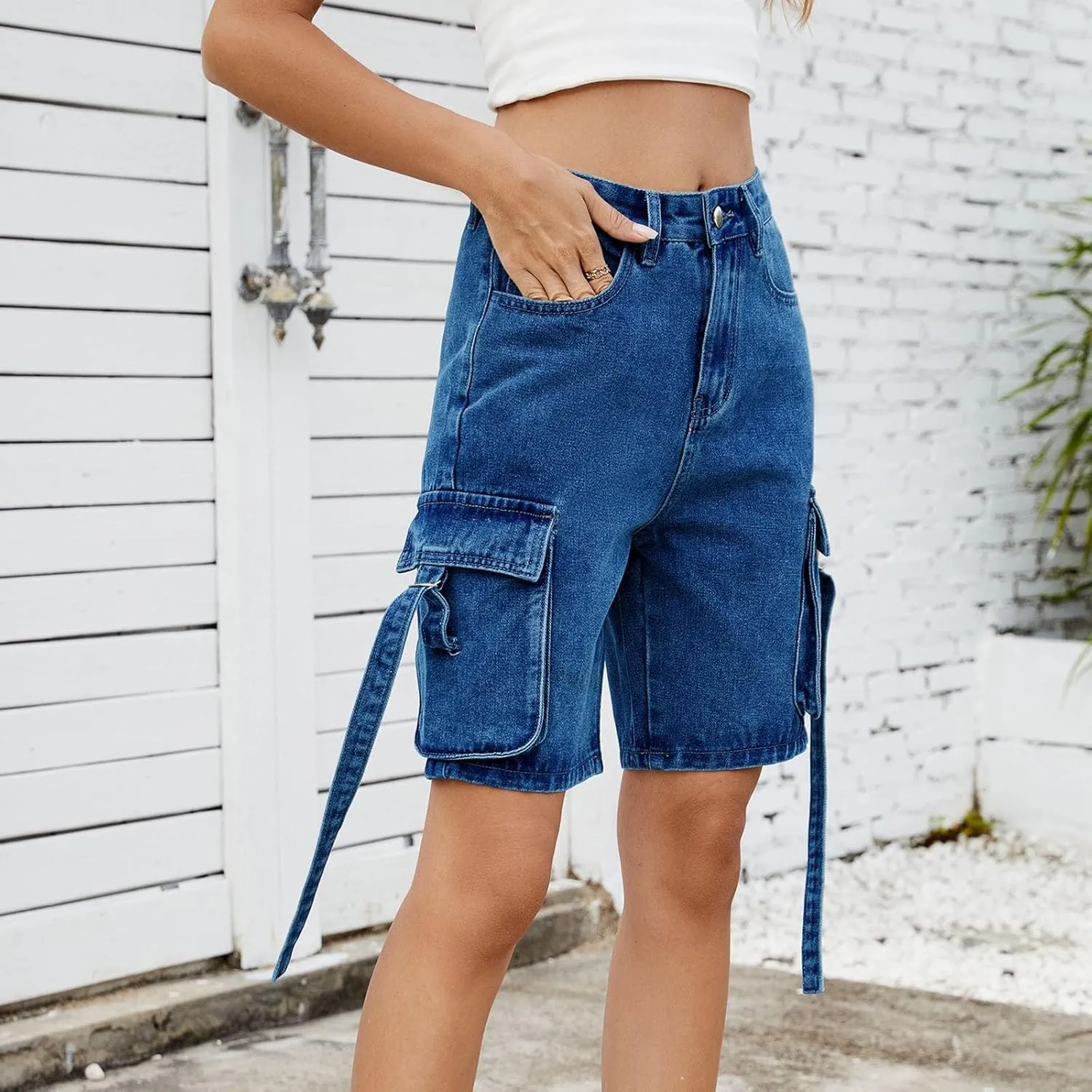 Womens Cargo Shorts 2025 Trendy High Waisted Denim Bermuda Shorts Knee Length Baggy Y2K Casual Summer Jean Short