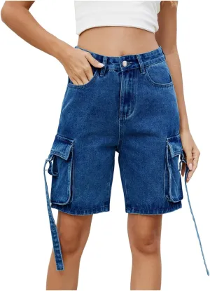 Womens Cargo Shorts 2025 Trendy High Waisted Denim Bermuda Shorts Knee Length Baggy Y2K Casual Summer Jean Short
