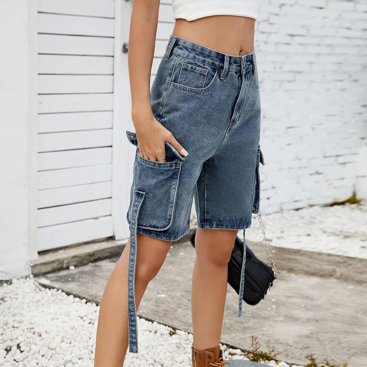 Womens Cargo Shorts 2025 Trendy High Waisted Denim Bermuda Shorts Knee Length Baggy Y2K Casual Summer Jean Short