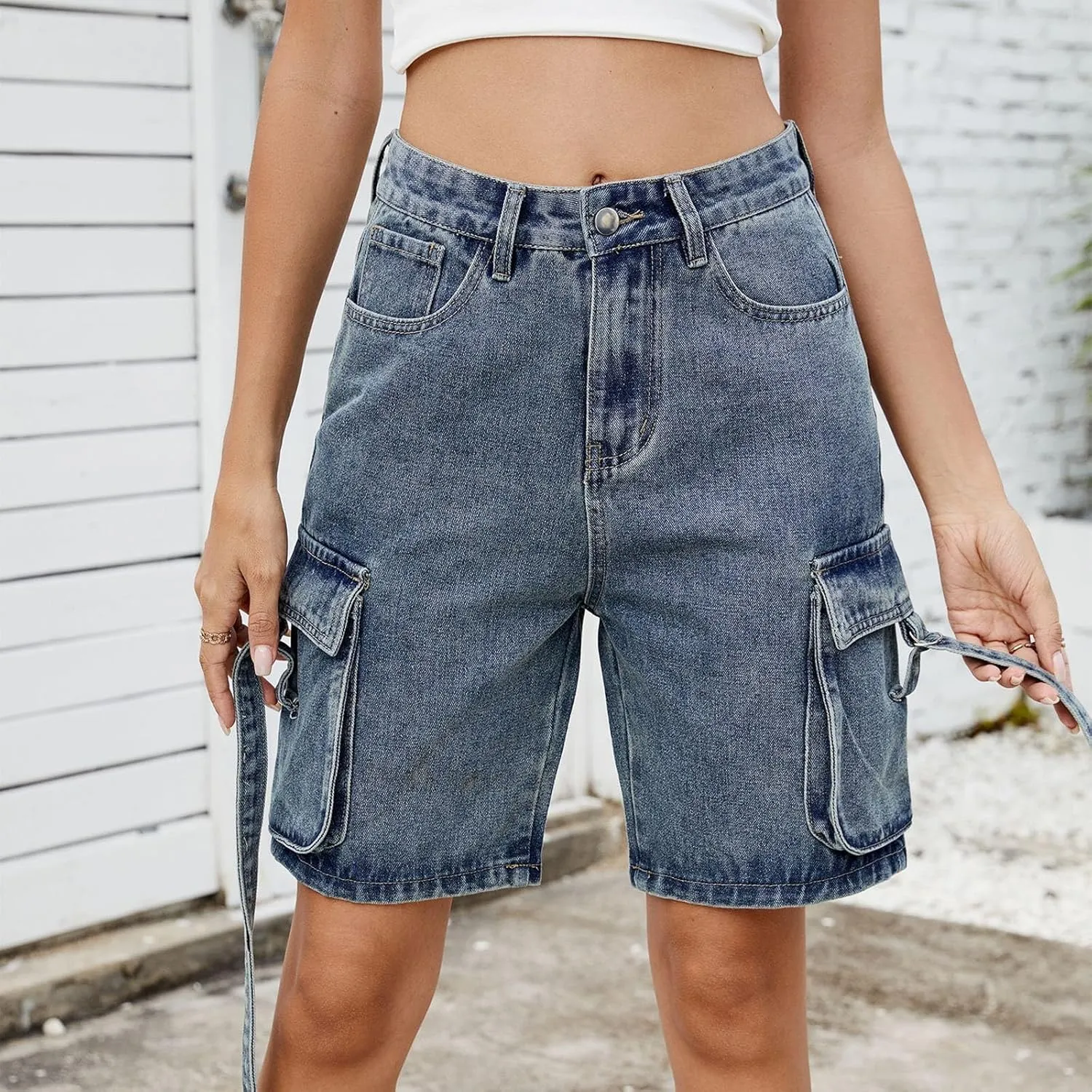 Womens Cargo Shorts 2025 Trendy High Waisted Denim Bermuda Shorts Knee Length Baggy Y2K Casual Summer Jean Short
