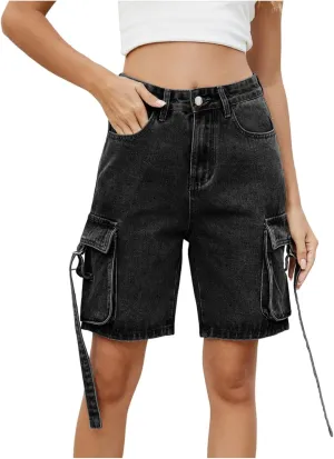 Womens Cargo Shorts 2025 Trendy High Waisted Denim Bermuda Shorts Knee Length Baggy Y2K Casual Summer Jean Short