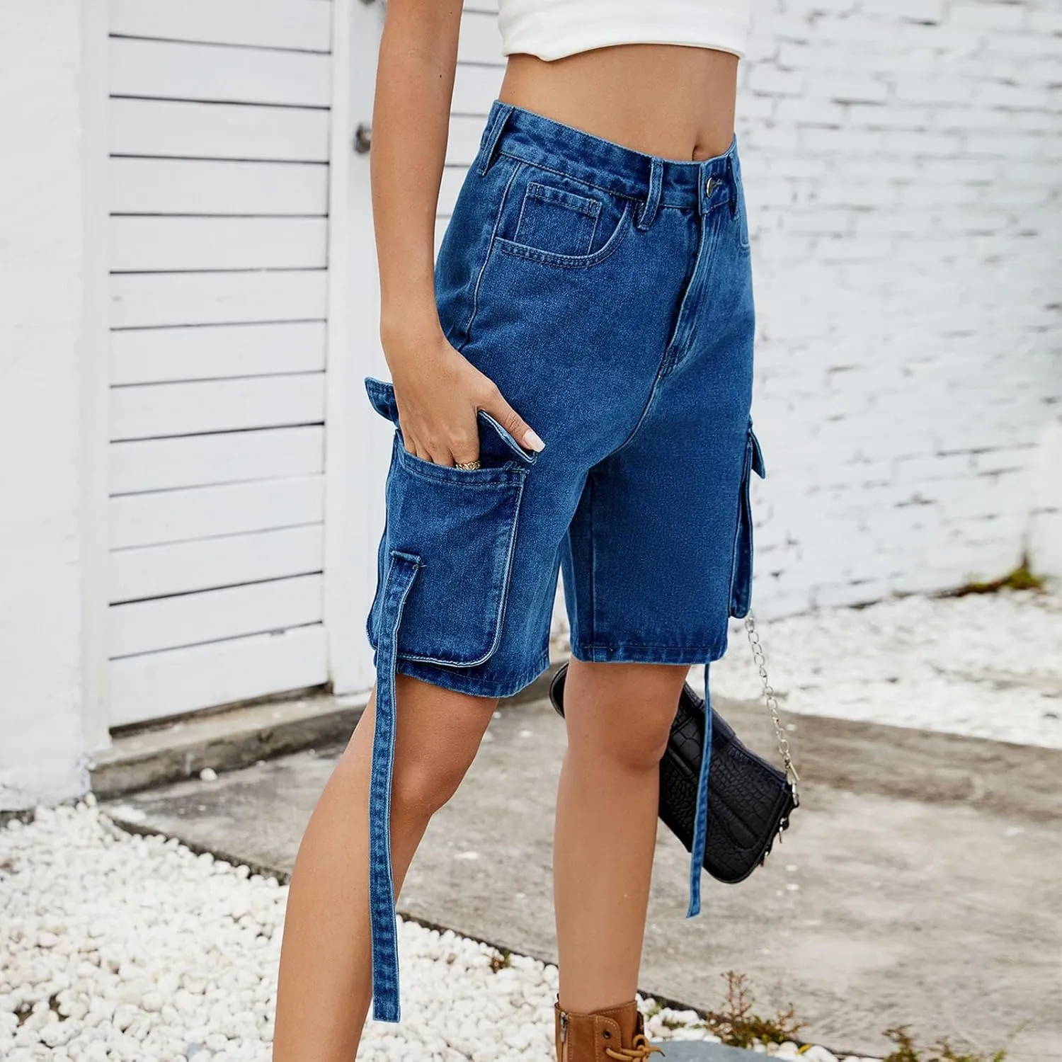 Womens Cargo Shorts 2025 Trendy High Waisted Denim Bermuda Shorts Knee Length Baggy Y2K Casual Summer Jean Short