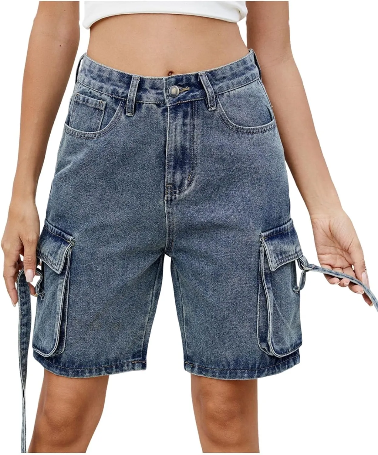 Womens Cargo Shorts 2025 Trendy High Waisted Denim Bermuda Shorts Knee Length Baggy Y2K Casual Summer Jean Short