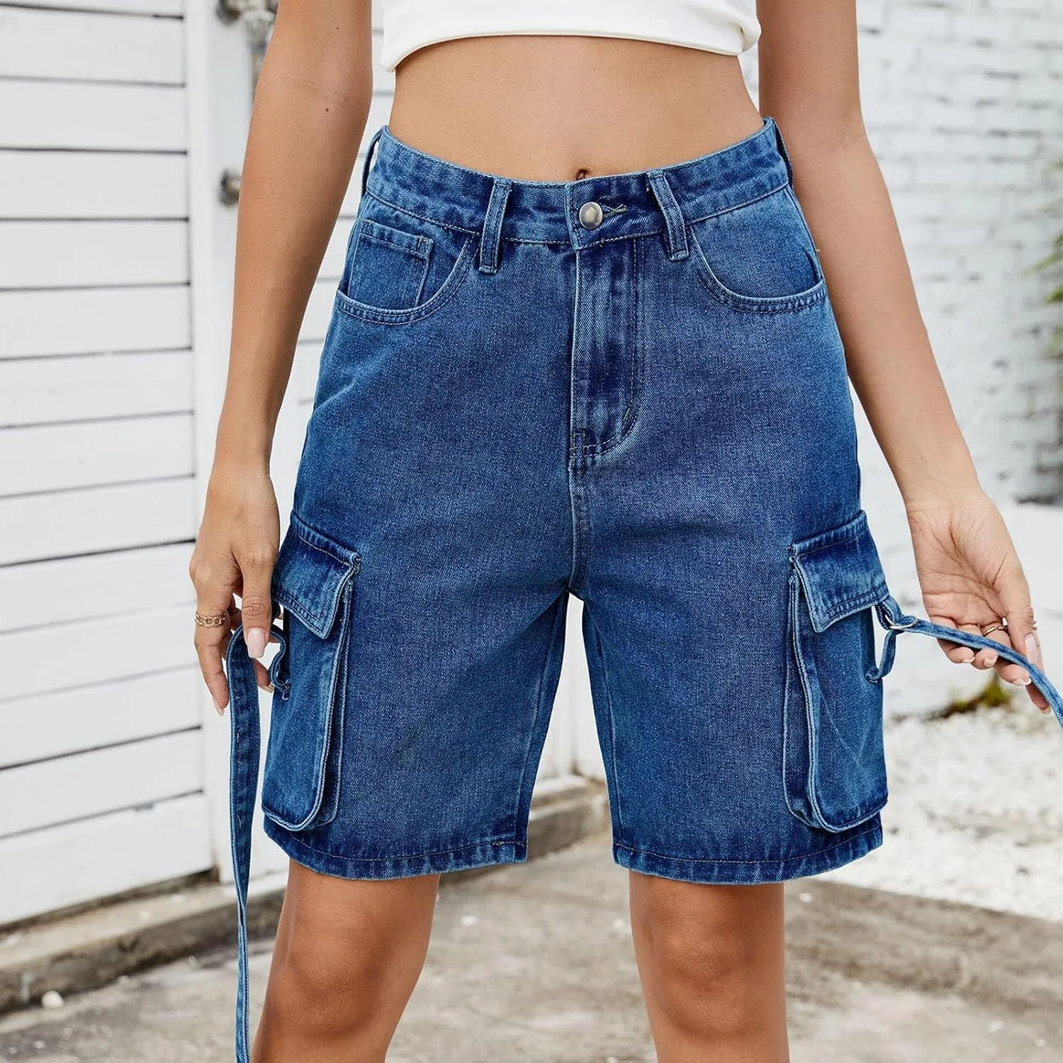 Womens Cargo Shorts 2025 Trendy High Waisted Denim Bermuda Shorts Knee Length Baggy Y2K Casual Summer Jean Short