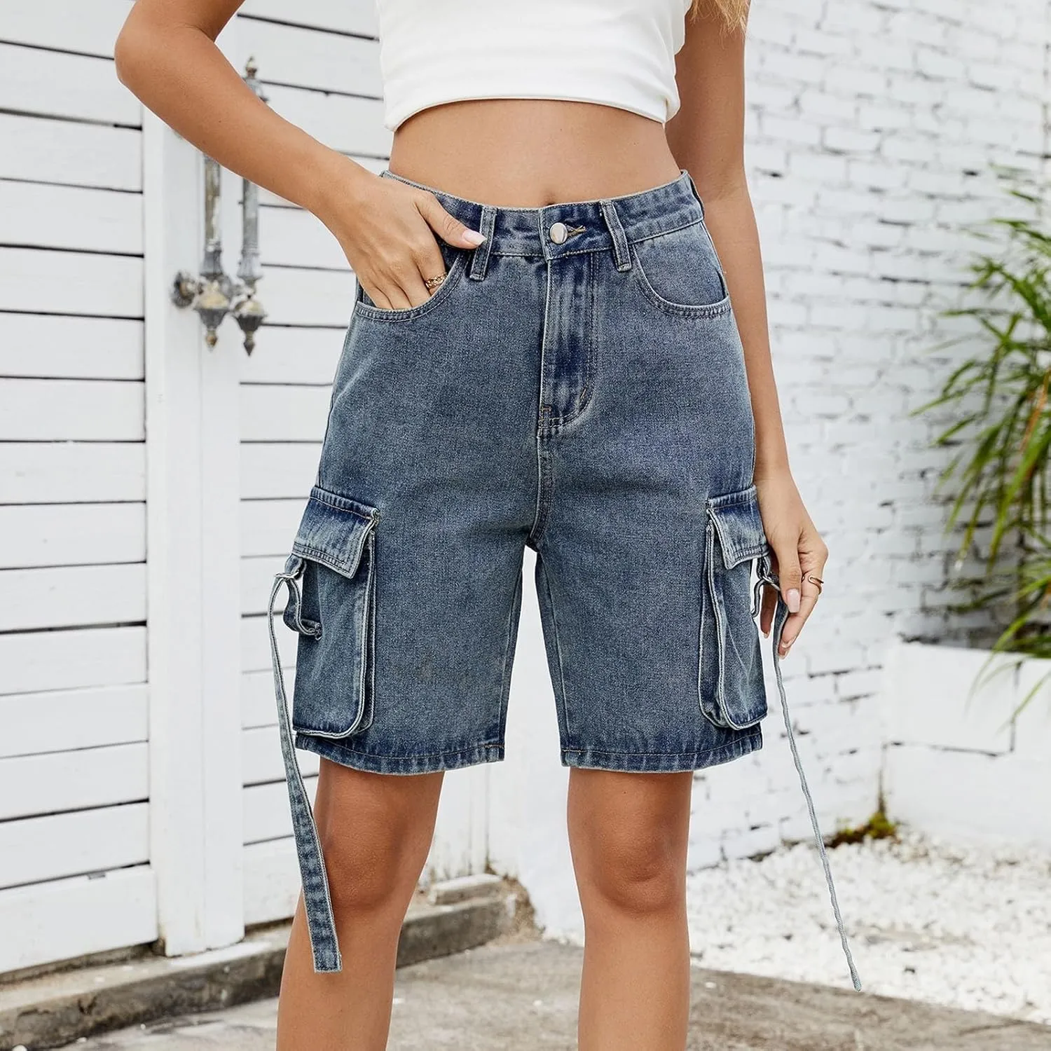 Womens Cargo Shorts 2025 Trendy High Waisted Denim Bermuda Shorts Knee Length Baggy Y2K Casual Summer Jean Short